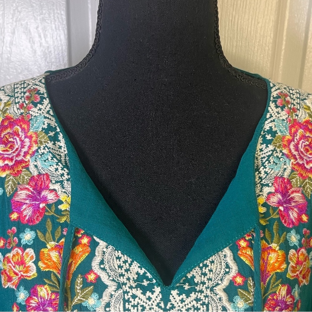 Savanna Jane Blouse Sz L Rayon Embroidered Boho Peasant Cottagecore Floral Teal - Picture 3 of 9